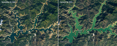 Shasta Lake before and after December's heavy rainstorms.