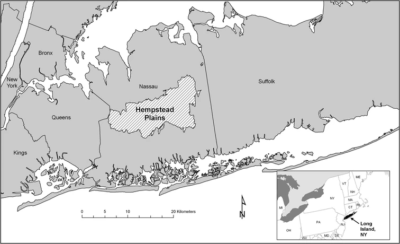 The historical extent of the Hempstead Plains on Long Island, New York.