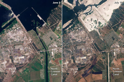 The North Crimean Canal, which feeds a broad swath of Ukrainian farmland, on June 3 and July 19.