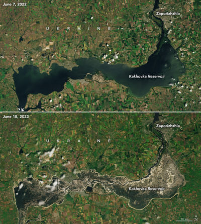 The Kakhovka Reservoir before, left, and after, right, the Kakhovka dam was destroyed.