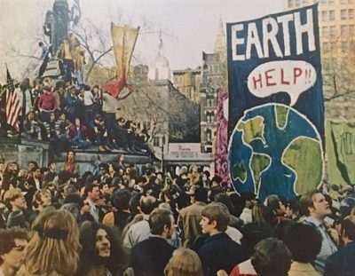 Demonstrators gather for the first Earth Day on April 22, 1970 in New York's Union Square.