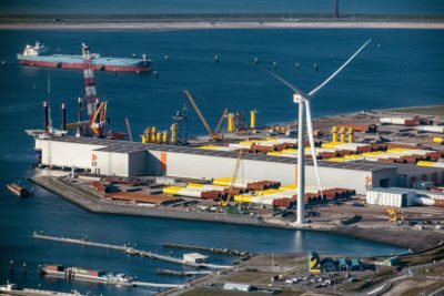 A prototype of General Electric's Haliade-X turbine — which can power 16,000 homes — at a port facility in Rotterdam, the Netherlands.