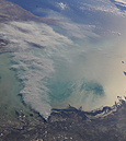 Smoke plume over the Caspian Sea
